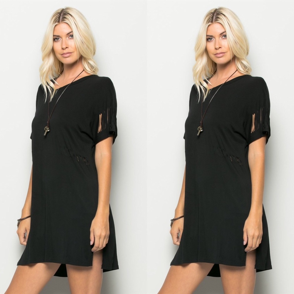 Black Tunic Distressed T-Shirt Dress